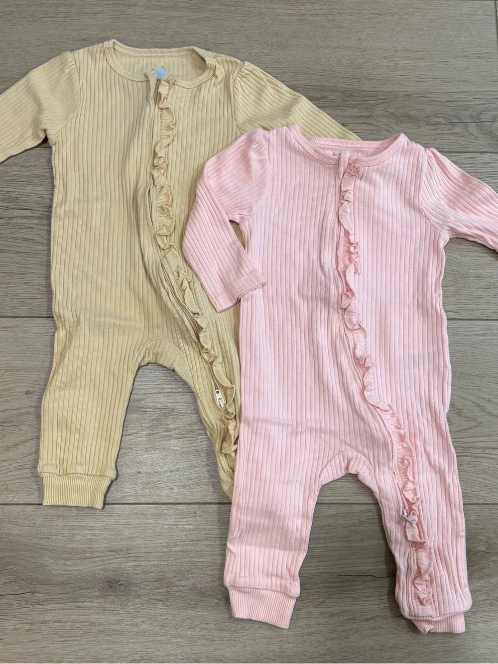 Ruffle-Trim Ribbed One-Piece Sleeper - Pink & Yellow
